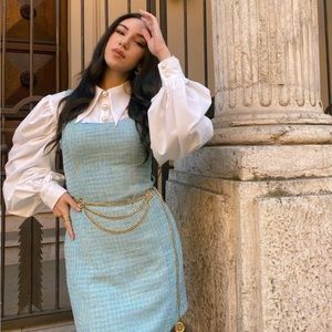 blue green tweed belted sleeveless dress